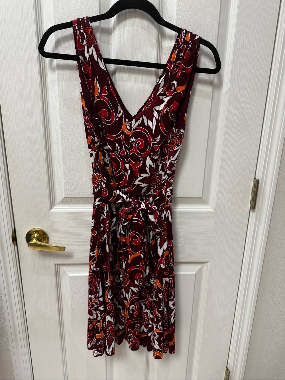 LOFT Burgundy Floral V-Neck Tie-Waist Dress with White & Orange Accents